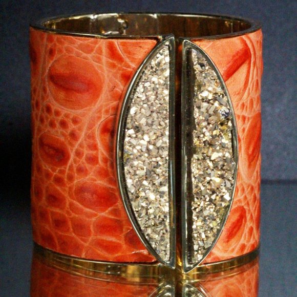Fabrizio Giannone Designer Signed Orange Color Leather Gold Stone Clamp Bracelet - Picture 7 of 12